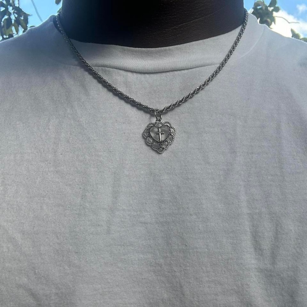 Vintage stainless steel heart shaped cross pendant